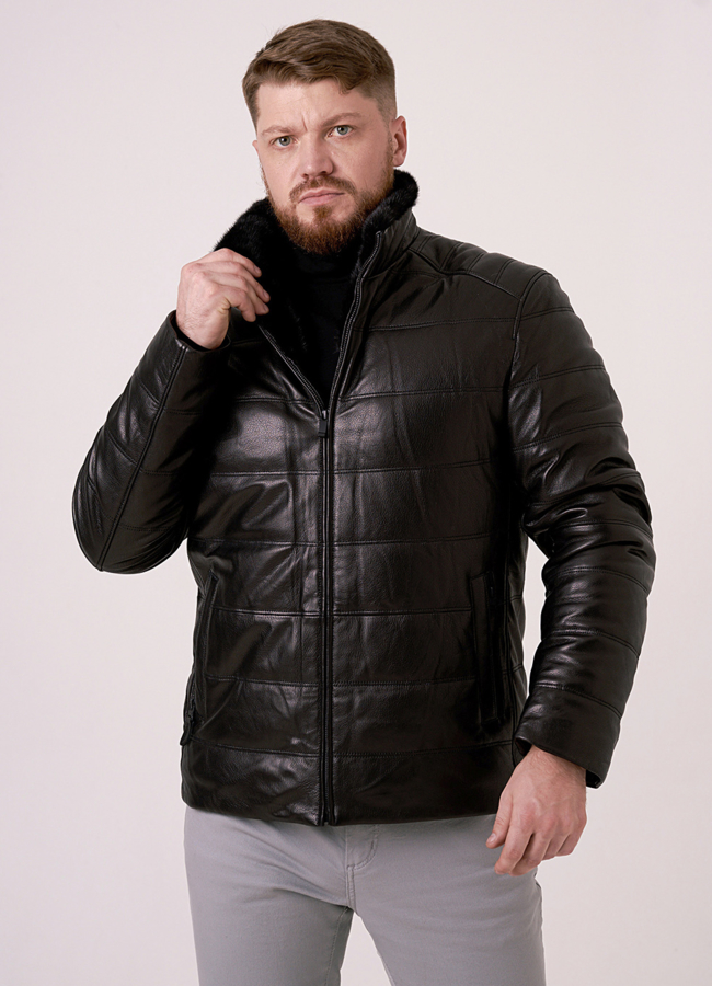 Мужской пуховик из натуральной кожи  модель № 26229 меха малина