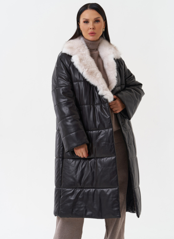 Пуховик из эко кожи с английским воротником