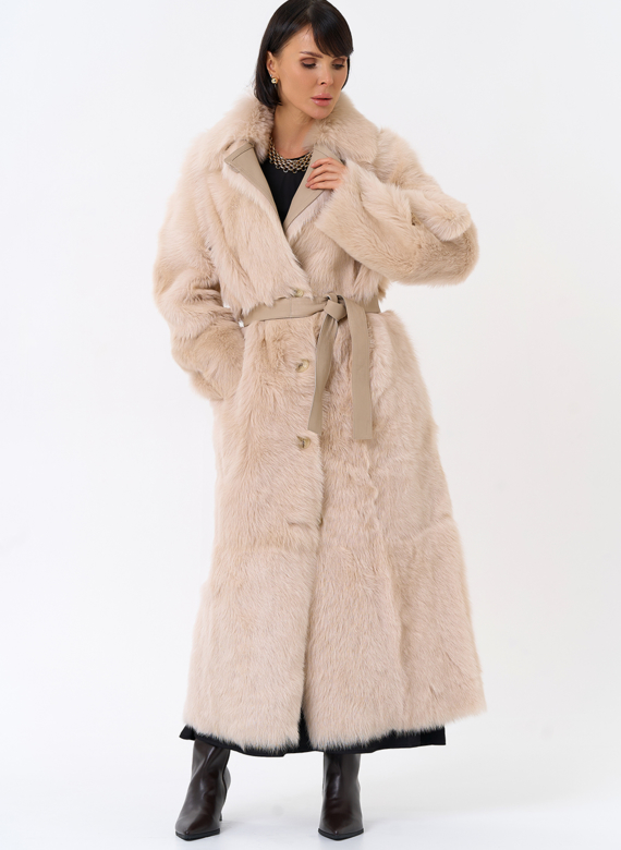 Женская двухсторонняя дубленка с поясом