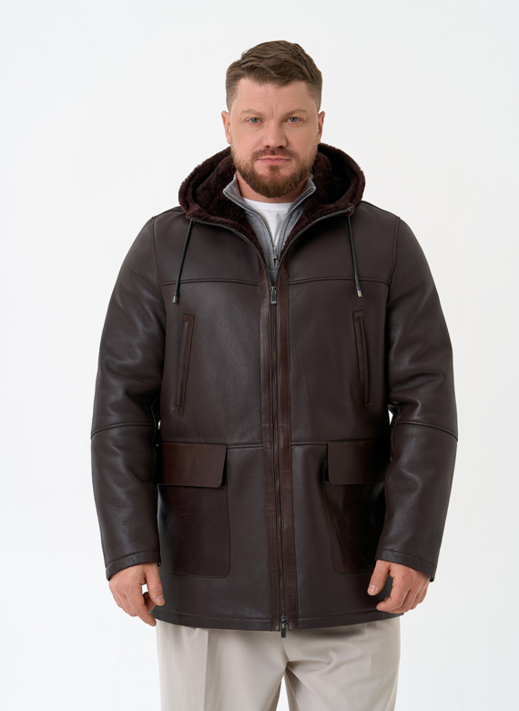 Мужская натуральная дубленка с капюшоном