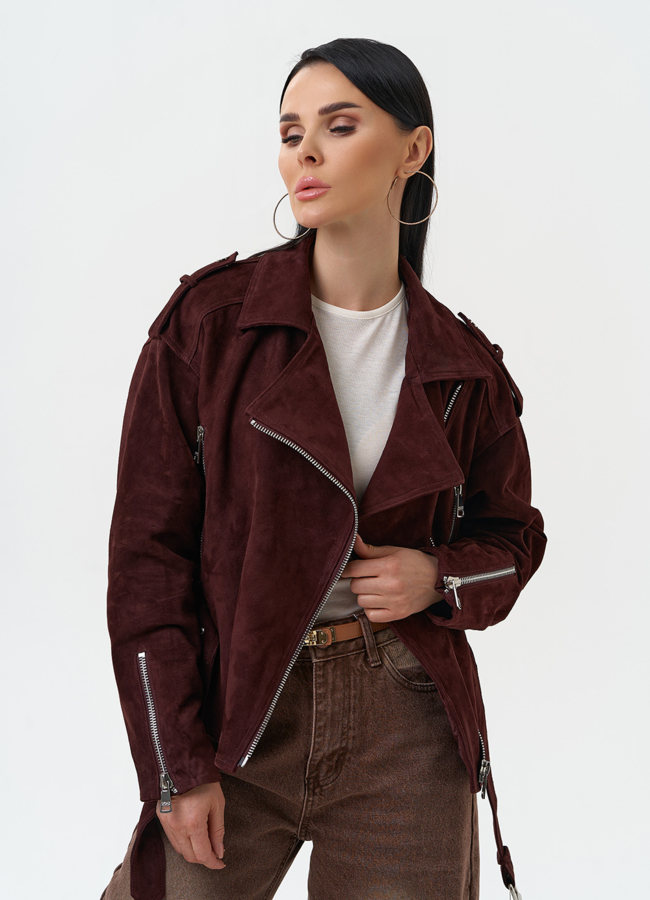 Женская куртка из натуральной замши с поясом модель № 30363 универмаг малина