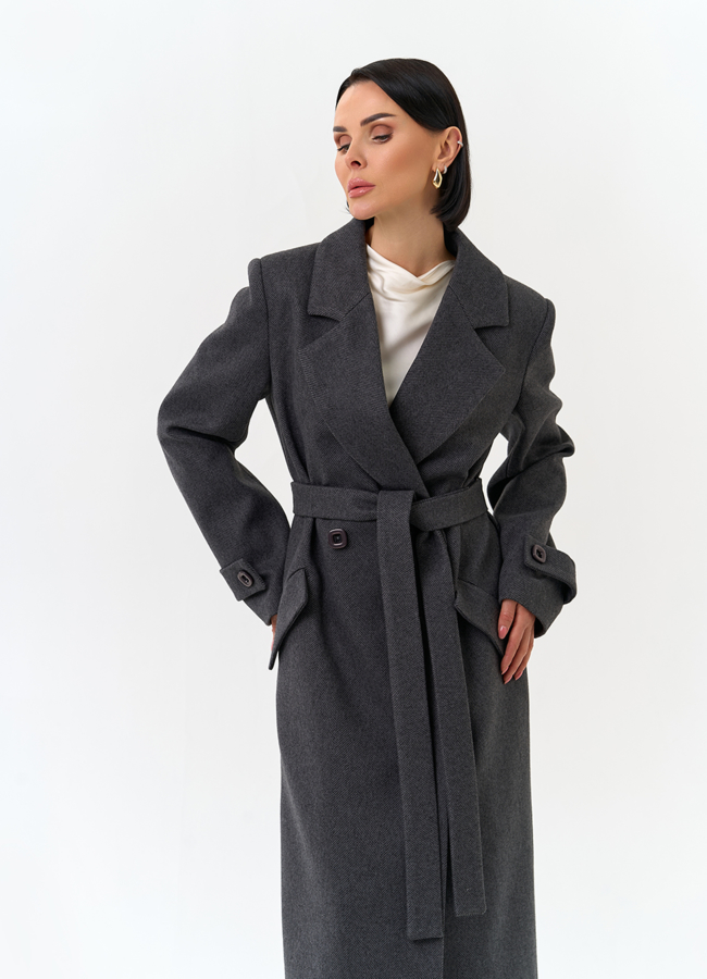 Женское длинное пальто с поясом модель № 32813 универмаг малина