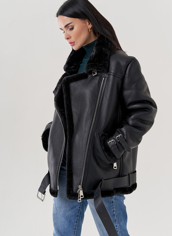 Женская дубленка пилот из эко кожи черного цвета 