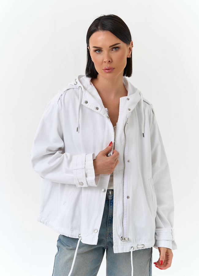 Женская джинсовая куртка с капюшоном модель № 33124 меха малина