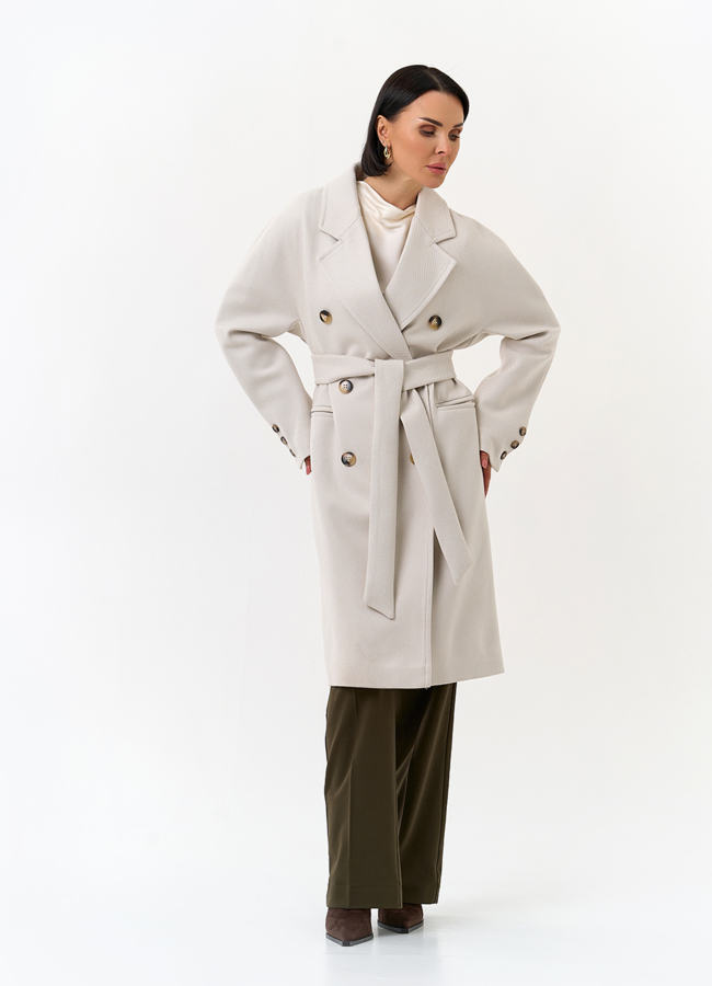 Светлое женское пальто с поясом модель № 32818 универмаг малина