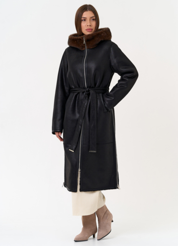 Женская дубленка из эко замши с поясом