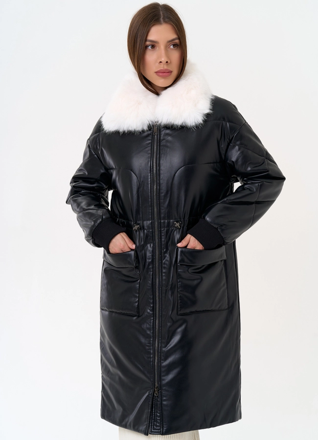 фото Женский пуховик из эко кожи с воротником из эко меха модель № 30724