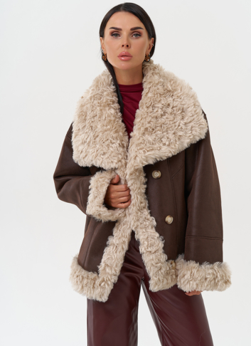 Дубленка из эко замши с высоким воротником