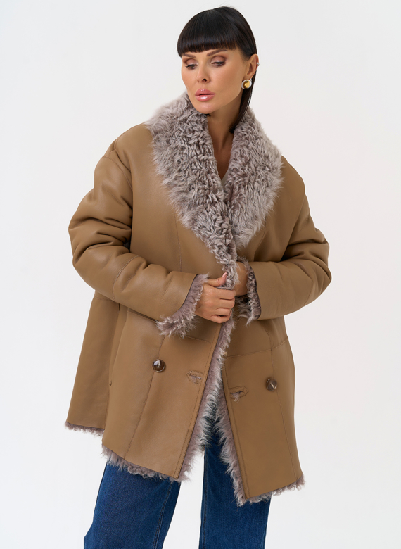 Женская двухсторонняя дубленка с воротником 