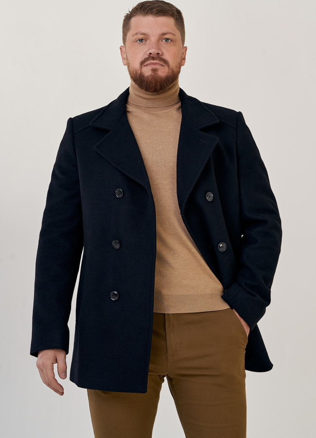 Мужское двубортное пальто  модель № 23217 меха малина