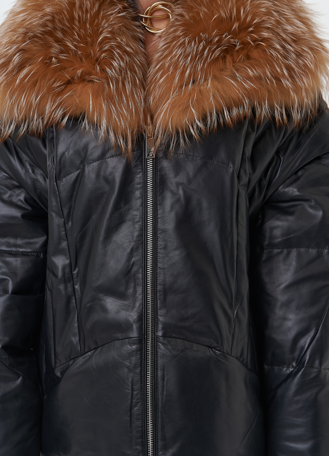 Женский кожаный пуховик с отделкой из натурального меха модель № 28911 универмаг малина