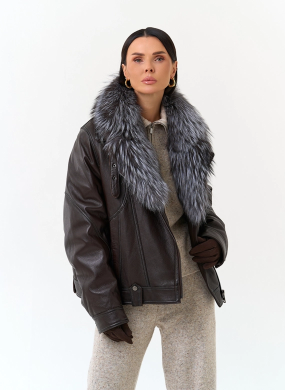 Женский пуховик из натуральной кожи с чернобуркой фото