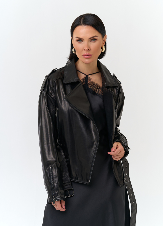 Женская куртка из натуральной кожи с поясом модель № 29916 меха малина