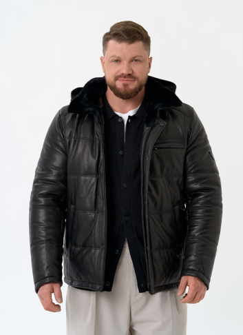 Мужской пуховик из натуральной кожи с капюшоном