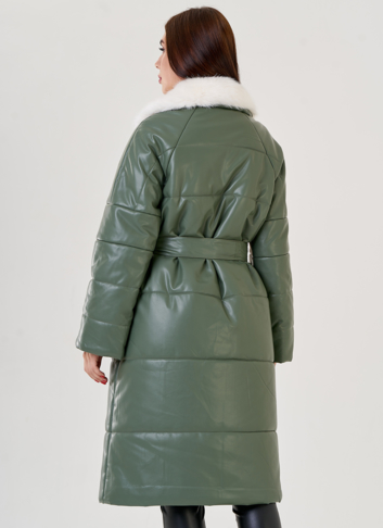 Женский классический пуховик Malina Siberian из эко кожи в зеленом цвете