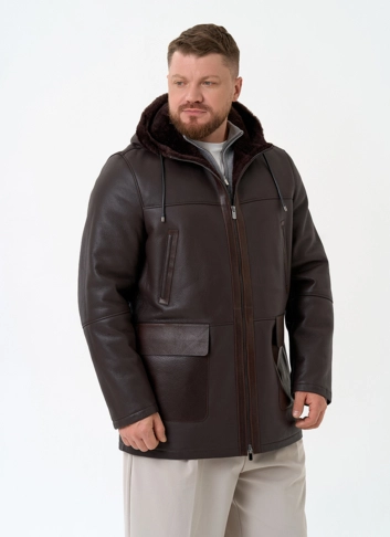 Мужская натуральная дубленка с капюшоном
