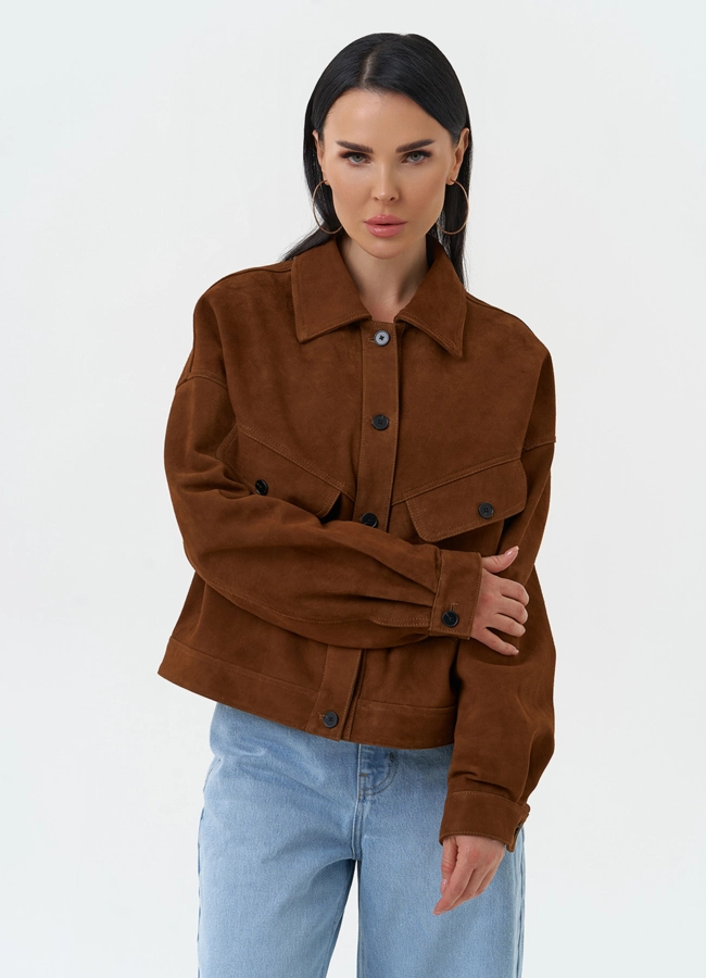 Женская куртка из натуральной замши модель № 30320 меха малина
