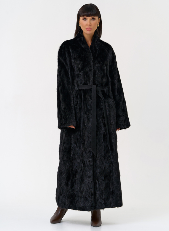Длинная шуба из меха норки с поясом