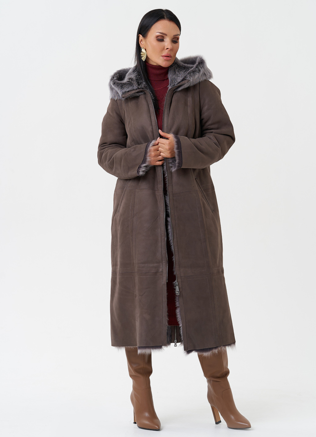 Дубленка с отделкой из тосканы с капюшоном модель № 28954 универмаг малина