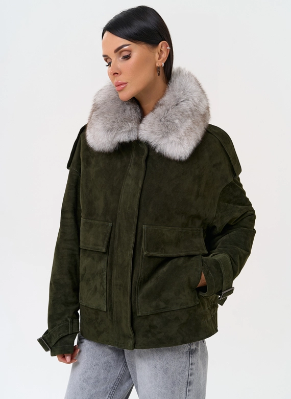 Короткий пуховик из натуральной замши фото