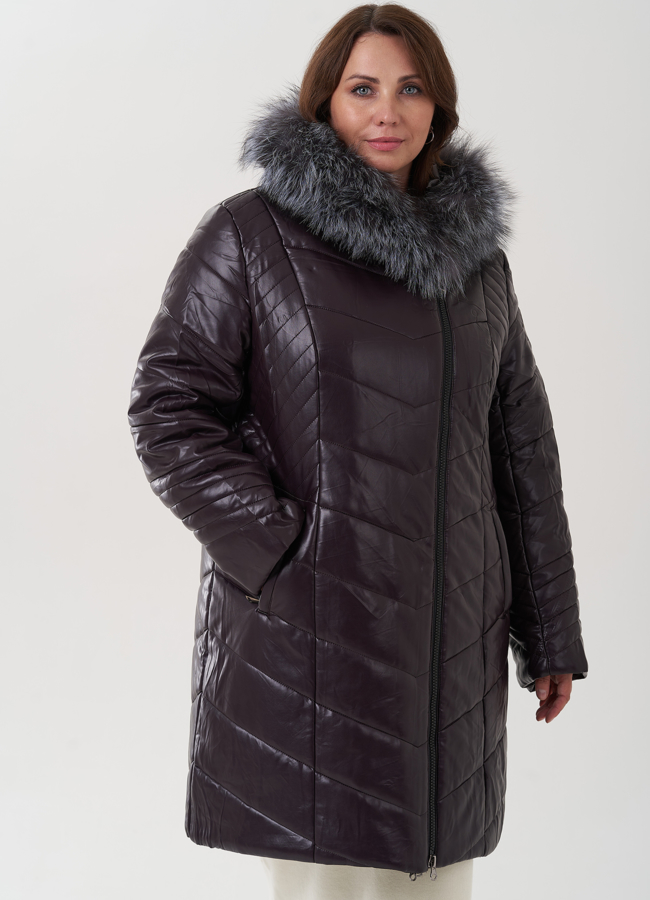Пуховик из эко кожи с капюшоном на молнии модель № 25703 меха малина