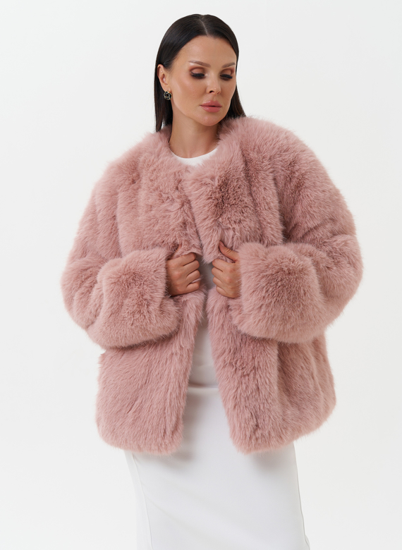 Шуба из эко песца в нежно-розовом цвете