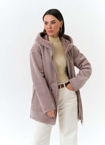 Двухсторонняя дубленка из эко замши с капюшоном