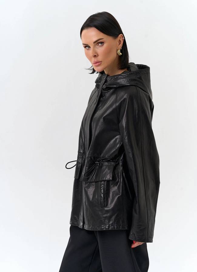Женская куртка из натуральной кожи  с капюшоном модель № 32528 универмаг малина