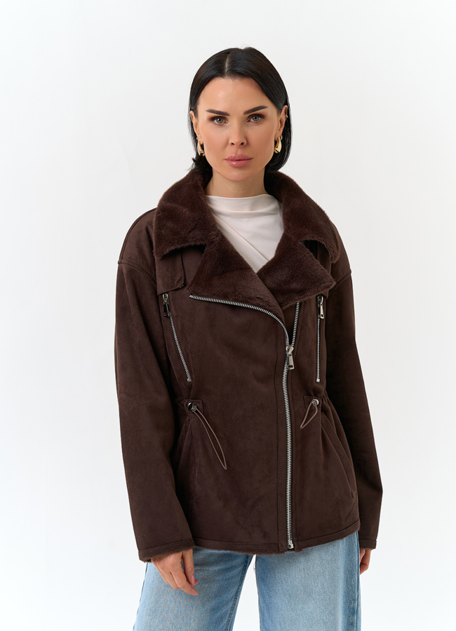 Женская дубленка из эко замши модель № 32792 меха малина