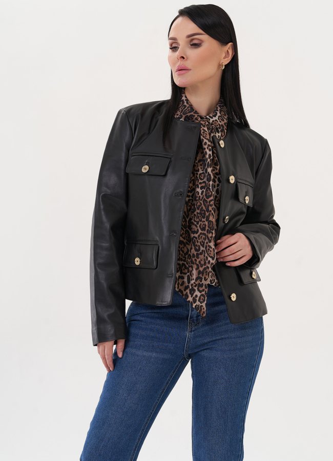 Жакет из натуральной кожи с акцентными пуговицами модель № 500120 меха малина