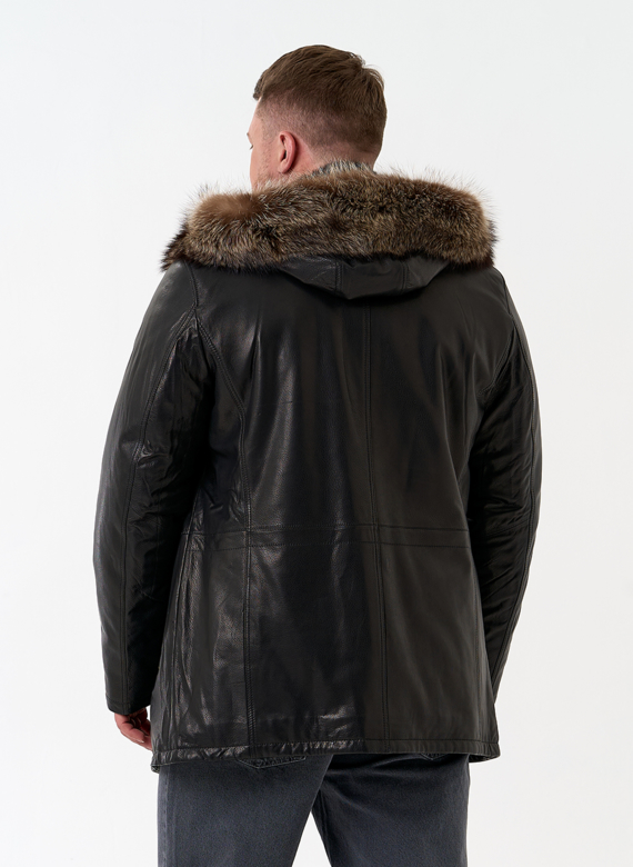 Мужская натуральная дубленка на волке с отделкой из меха енота