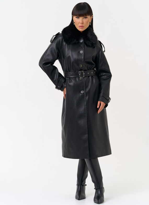 Женское утепленное пальто из экокожи с воротником из эко меха