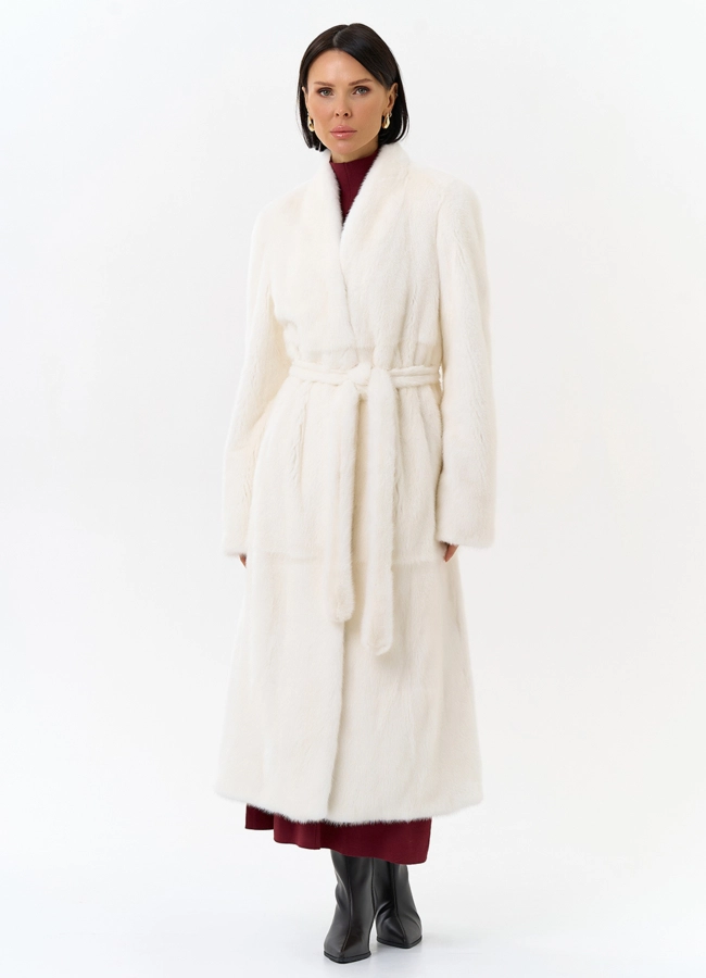 Белая шуба из меха норки с поясом модель № 31320 универмаг малина