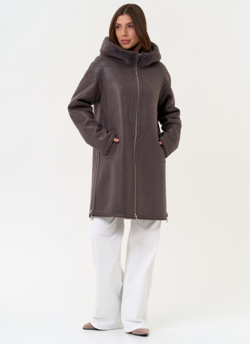 Женская двухсторонняя дубленка из эко замши с капюшоном