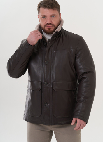 Пуховик из натуральной кожи с капюшоном