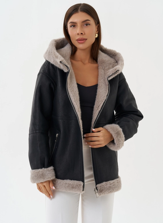 Женская эко дубленка с капюшоном