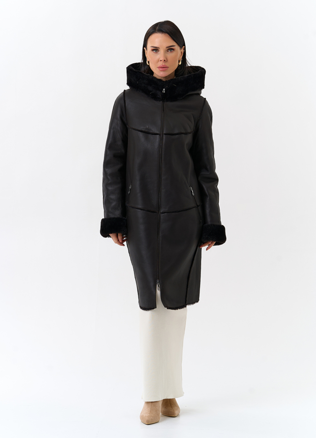 Женская натуральная дубленка с капюшоном модель № 32199 в кредит