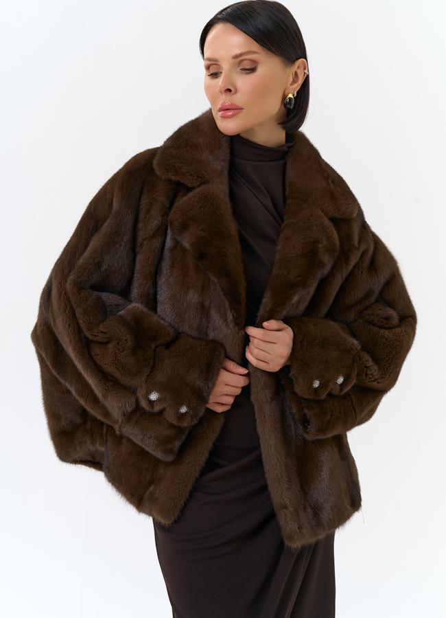 Укороченная шуба из меха норки  модель № 32031 меха малина