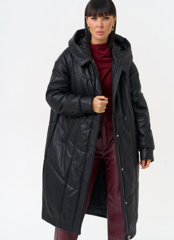 Женский пуховик из эко кожи со съемным эко мехом